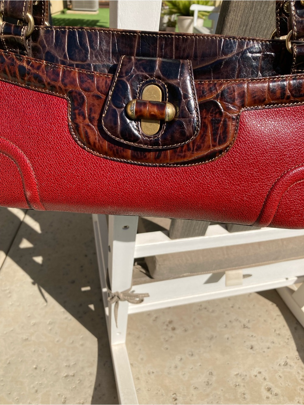 Brahmin Red Shoulder Bag w/Brown Leather Croc-Embossed Trim - Picture 7 of 13